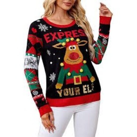 No Boundaries Express Your Elf 3D Holiday Sweater Black Red Green Juniors Small - Picture 6 of 6